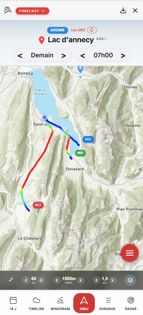 Simulation SIMU WindXplorer — vue comparatif 3 trajectoires