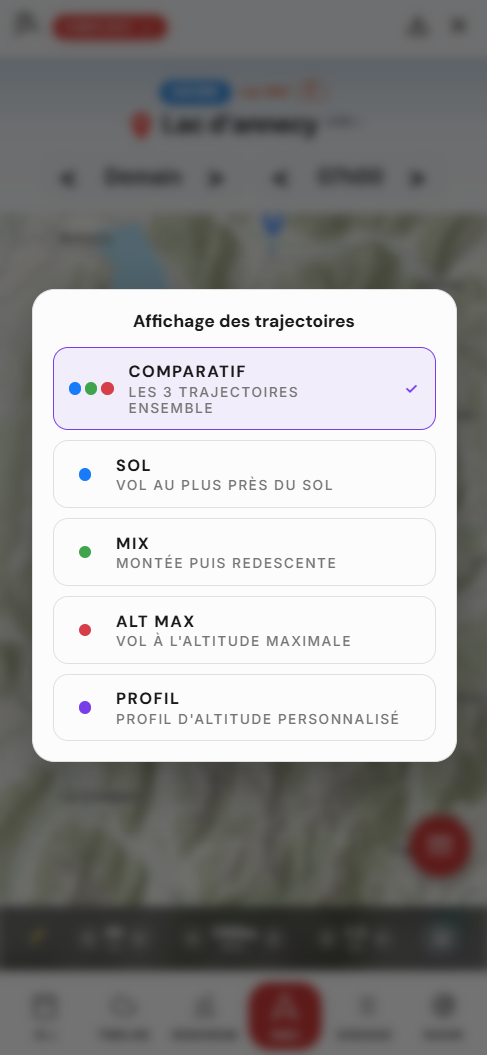 Simulation SIMU WindXplorer — choix du mode de trajectoire