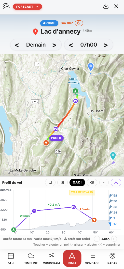 Simulation SIMU WindXplorer — profil d'altitude personnalisé